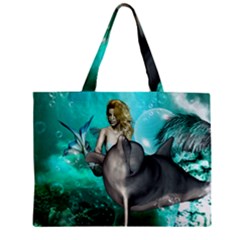Beautiful Mermaid With  Dolphin With Bubbles And Water Splash Zipper Tiny Tote Bags by FantasyWorld7