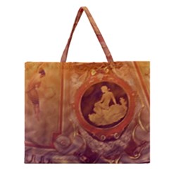 Vintage Ladies Artwork Orange Zipper Large Tote Bag by BrightVibesDesign