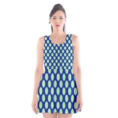 Mod Retro Green Circles On Blue Scoop Neck Skater Dress by BrightVibesDesign