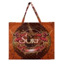 Surfing, Surfboard With Floral Elements  And Grunge In Red, Black Colors Zipper Large Tote Bag View1