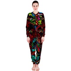 Abstract Psychedelic Face Nightmare Eyes Font Horror Fantasy Artwork Onepiece Jumpsuit (ladies)  by Nexatart