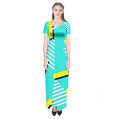 Vintage Unique Graphics Memphis Style Geometric Triangle Line Cube Yellow Green Blue Short Sleeve Maxi Dress by Mariart