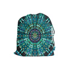 Peacock Throne Flower Green Tie Dye Kaleidoscope Opaque Color Drawstring Pouches (large)  by Mariart
