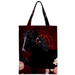 Awesmoe Black Horse With Flowers On Red Background Zipper Classic Tote Bag by FantasyWorld7
