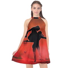 Dancing Couple On Red Background With Flowers And Hearts Halter Neckline Chiffon Dress  by FantasyWorld7