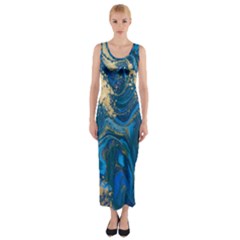 Ocean Blue Gold Marble Fitted Maxi Dress by NouveauDesign