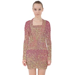 Rose Gold Sparkly Glitter Texture Pattern V-neck Bodycon Long Sleeve Dress by paulaoliveiradesign