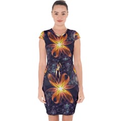 Beautiful Orange Star Lily Fractal Flower At Night Capsleeve Drawstring Dress  by jayaprime