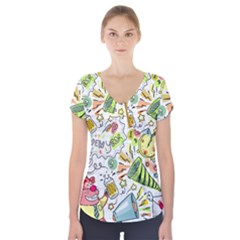 Doodle New Year Party Celebration Short Sleeve Front Detail Top by Celenk