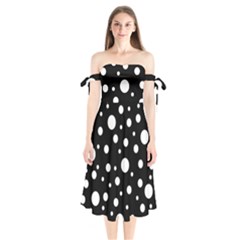 White On Black Polka Dot Pattern Shoulder Tie Bardot Midi Dress by LoolyElzayat