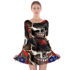 Confederate Flag Usa America United States Csa Civil War Rebel Dixie Military Poster Skull Long Sleeve Skater Dress by Sapixe