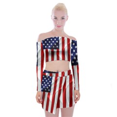 American Usa Flag Vertical Off Shoulder Top With Mini Skirt Set by FunnyCow