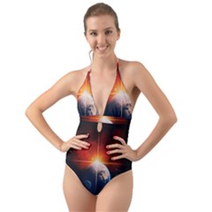 Earth Globe Planet Space Universe Halter Cut-out One Piece Swimsuit by Celenk