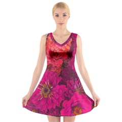 Pink Zinnias V-neck Sleeveless Dress by bloomingvinedesign