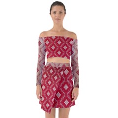 Chorley Weave Red Off Shoulder Top With Skirt Set by DeneWestUK