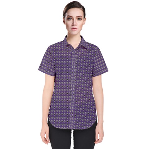 Luv Machine Robot Houndstooth Pattern Purple Women s Short Sleeve Shirt by emilyzragz