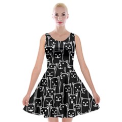 Funny Cat Pattern Organic Style Minimalist On Black Background Velvet Skater Dress by genx