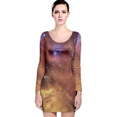 Cosmic Astronomy Sky With Stars Orange Brown And Yellow Long Sleeve Velvet Bodycon Dress by genx