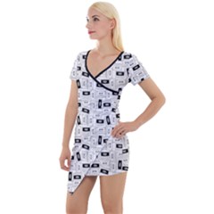 Tape Cassette 80s Retro Genx Pattern Black And White Short Sleeve Asymmetric Mini Dress by genx