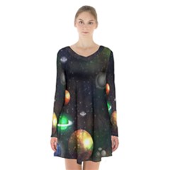 Galactic Long Sleeve Velvet V-neck Dress by WensdaiAmbrose
