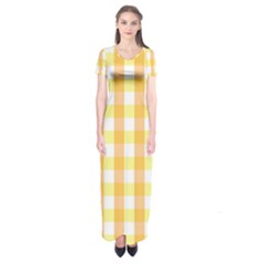 Gingham Duo Orange On Yellow Short Sleeve Maxi Dress by retrotoomoderndesigns