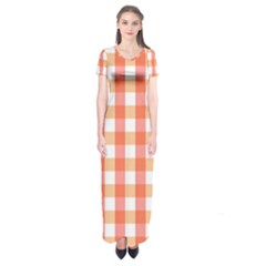 Gingham Duo Red On Orange Short Sleeve Maxi Dress by retrotoomoderndesigns