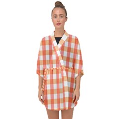 Gingham Duo Red On Orange Half Sleeve Chiffon Kimono by retrotoomoderndesigns