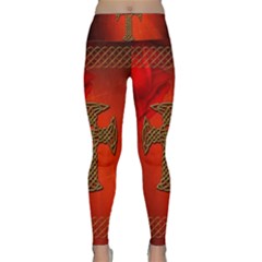 Wonderful Celtic Cross On Vintage Background Lightweight Velour Classic Yoga Leggings by FantasyWorld7