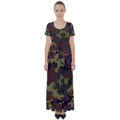 Camo Green Brown High Waist Short Sleeve Maxi Dress by retrotoomoderndesigns