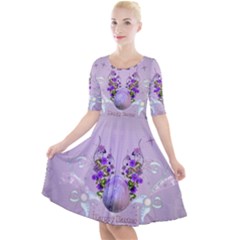 Happy Easter, Easter Egg With Flowers In Soft Violet Colors Quarter Sleeve A-line Dress by FantasyWorld7