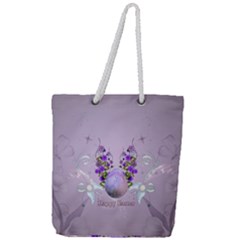 Happy Easter, Easter Egg With Flowers In Soft Violet Colors Full Print Rope Handle Tote (large) by FantasyWorld7