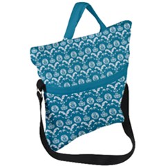 Easter Damask Pattern Deep Teal Blue And White Fold Over Handle Tote Bag by emilyzragz