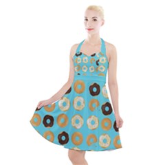 Donuts Pattern With Bites Bright Pastel Blue And Brown Halter Party Swing Dress  by genx