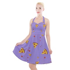 Pizza Pattern Violet Pepperoni Cheese Funny Slices Halter Party Swing Dress  by genx