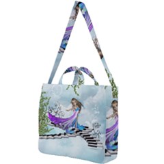 Cute Fairy Dancing On A Piano Square Shoulder Tote Bag by FantasyWorld7