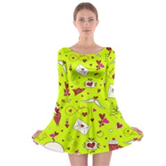 Valentin s Day Love Hearts Pattern Red Pink Green Long Sleeve Skater Dress by EDDArt