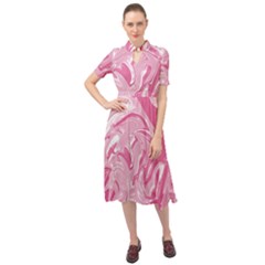 Marble Painting Texture Pattern Pink Keyhole Neckline Chiffon Dress by Simbadda