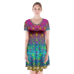 Signs Of Peace  In A Amazing Floral Gold Landscape Short Sleeve V-neck Flare Dress by pepitasart
