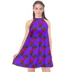 Red Roses Blue Purple Halter Neckline Chiffon Dress  by snowwhitegirl