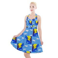 Blue Coyote Pattern Halter Party Swing Dress  by bloomingvinedesign
