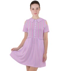 Pink Stripes Vertical Short Sleeve Shoulder Cut Out Dress  by retrotoomoderndesigns