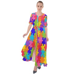 Rainbow Jigsaw Puzzle Waist Tie Boho Maxi Dress by retrotoomoderndesigns