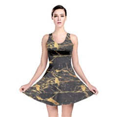 Black Marble Texture With Gold Veins Floor Background Print Luxuous Real Marble Reversible Skater Dress by genx