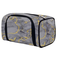 Marble Neon Retro Light Gray With Gold Yellow Veins Texture Floor Background Retro Neon 80s Style Neon Colors Print Luxuous Real Marble Toiletries Pouch by genx