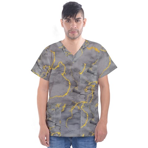 Marble Neon Retro Light Gray With Gold Yellow Veins Texture Floor Background Retro Neon 80s Style Neon Colors Print Luxuous Real Marble Men s V-neck Scrub Top by genx