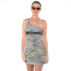 Marble Neon Retro Light Gray With Gold Yellow Veins Texture Floor Background Retro Neon 80s Style Neon Colors Print Luxuous Real Marble One Soulder Bodycon Dress by genx