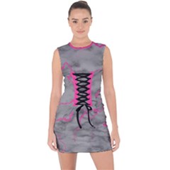 Marble Light Gray With Bright Magenta Pink Veins Texture Floor Background Retro Neon 80s Style Neon Colors Print Luxuous Real Marble Lace Up Front Bodycon Dress by genx