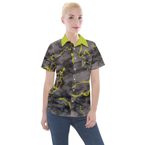 Marble Light Gray With Green Lime Veins Texture Floor Background Retro Neon 80s Style Neon Colors Print Luxuous Real Marble Women s Short Sleeve Pocket Shirt by genx