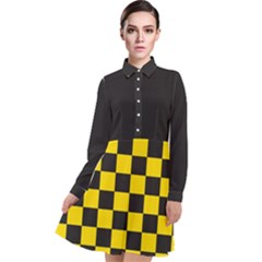 Checkerboard Pattern Black And Yellow Ancap Libertarian Long Sleeve Chiffon Shirt Dress by snek