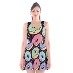 Colorful Donut Seamless Pattern On Black Vector Scoop Neck Skater Dress by Sobalvarro